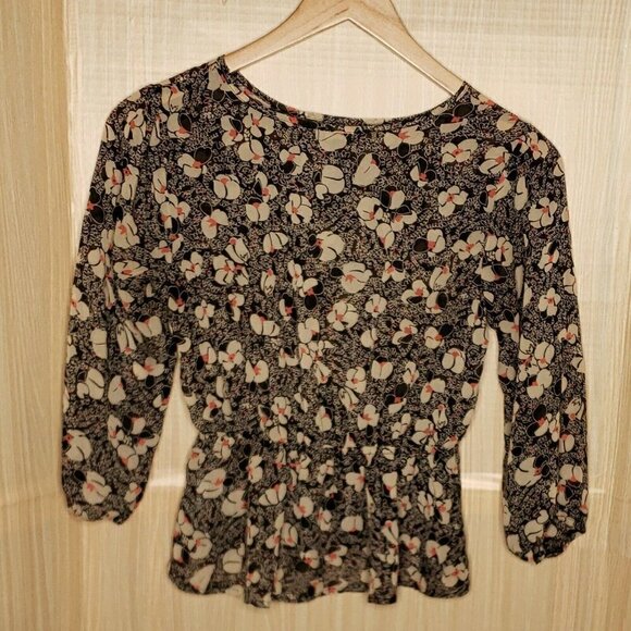 Lily Rose Womens Brown Abstract Floral Semi Sheer Blouse Small - Picture 2 of 7